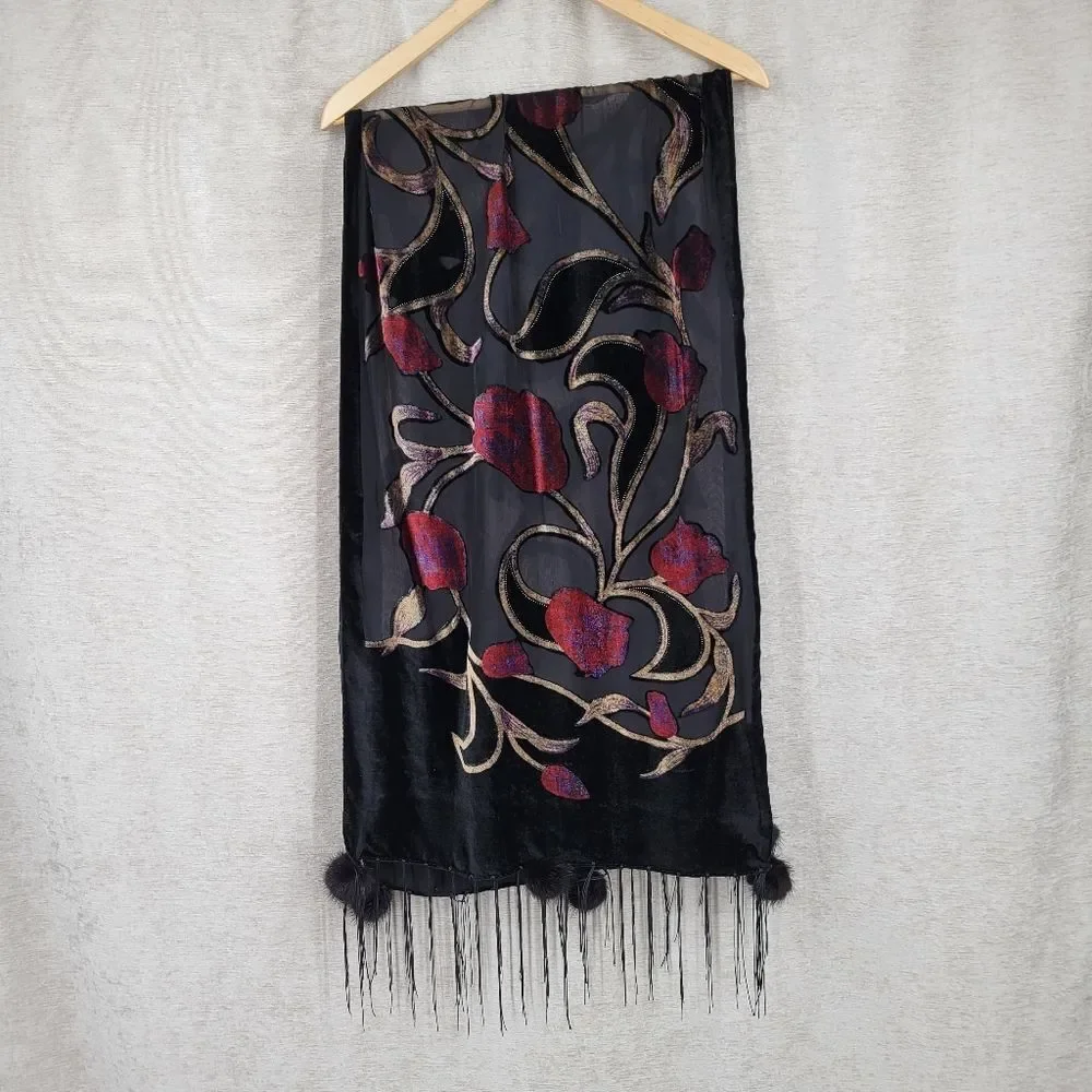 Burnout Velvet Black and Red Floral Scarf with Genuine Fur Pompoms